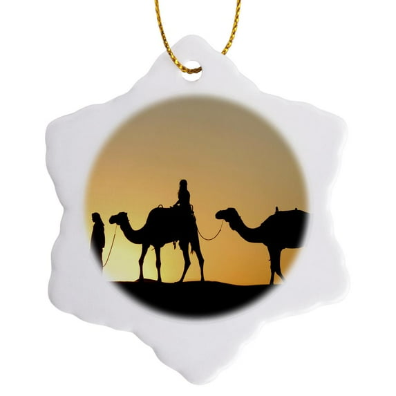 3drose, Desert Camels Are a Way of Transportation,and Are Also Used for Racing at Dubai Camel Racecourse 3, 3 inch Snowflake Porcelain Ornament
