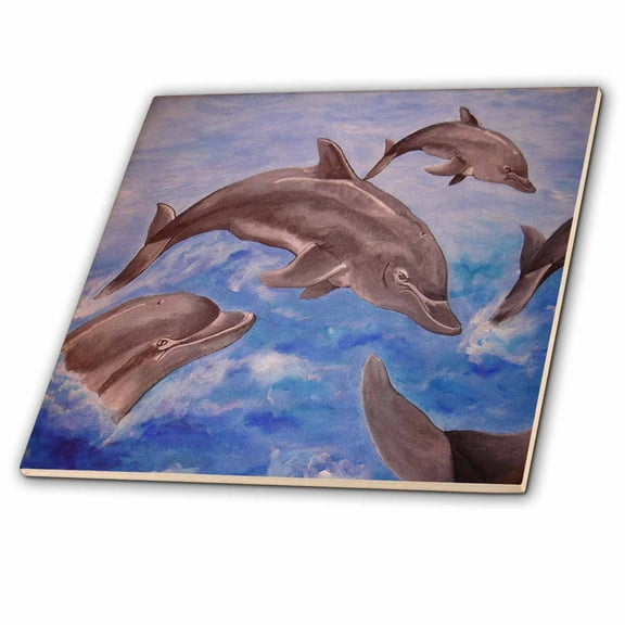 3dRose, Dolphin Splash - animal, blue, cute, dolphin, dolphins, fish, mammals, 8 Inch Ceramic Tile