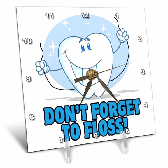 3dRose, Dont Forget To Floss Cute Cartoon Tooth, 6x6 Desk Clock