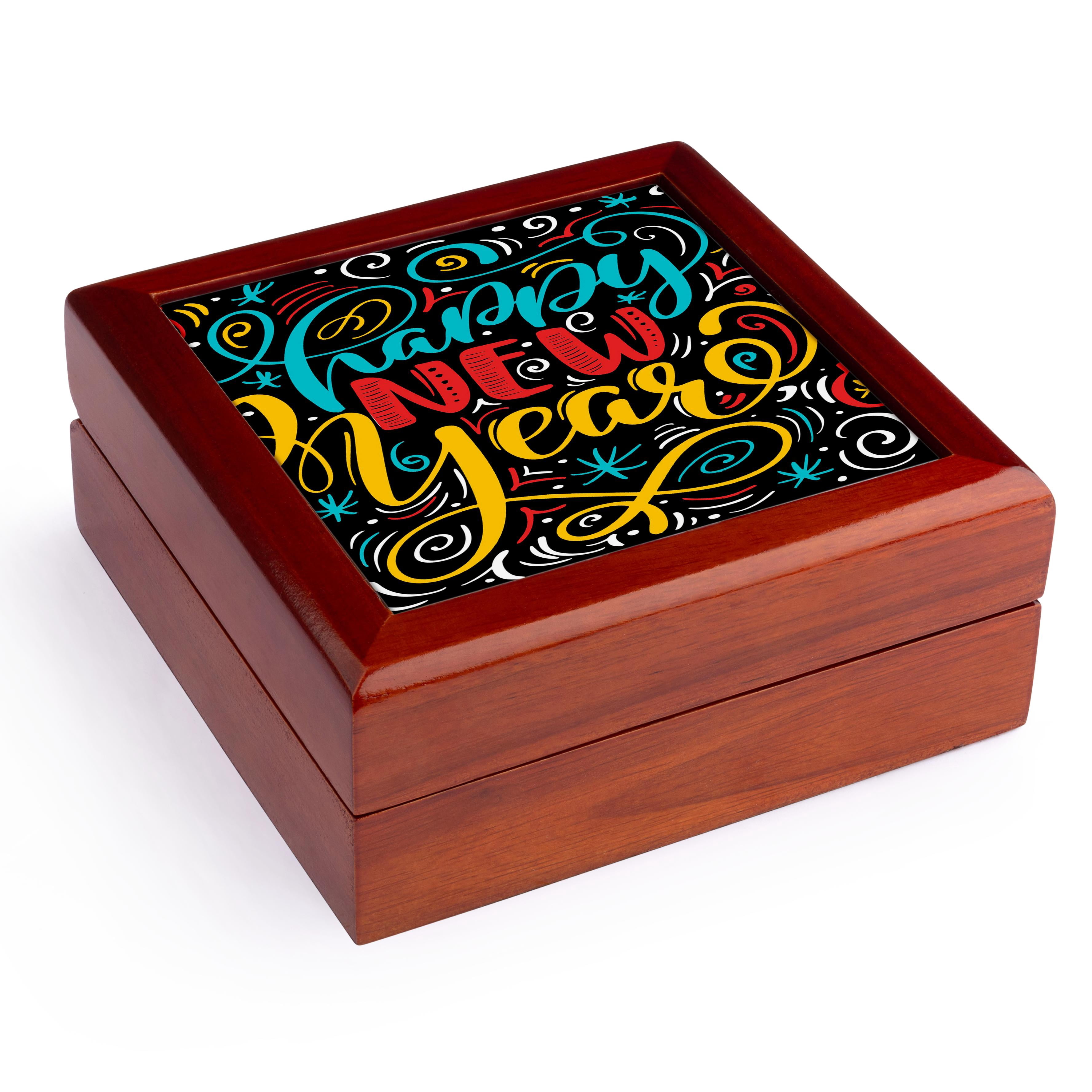 3dRose, Doodle Style Typography in Bold Cheerful Colors for New Year, Jewelry Box 5.5x5.5 inch with 4 inch tile