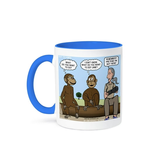 3dRose, Dr. Jane Goodalls 50th anniversary at GDI - monkey business, 15oz Two-Tone Blue Mug