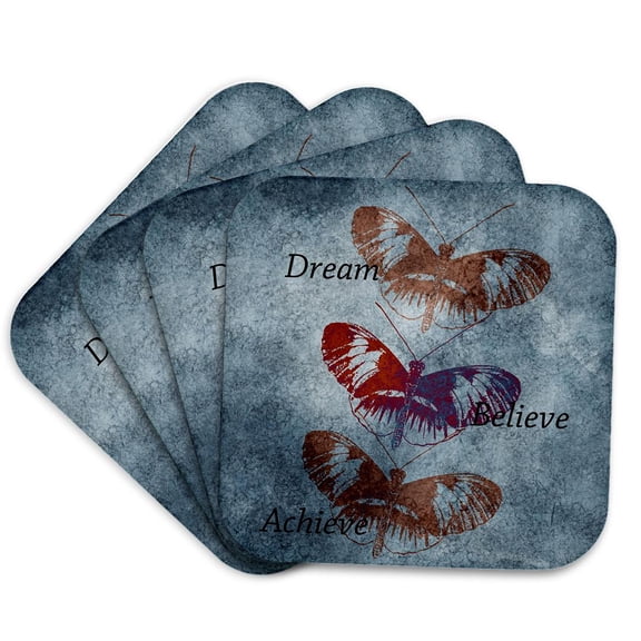 3drose, Dream, Believe, Achieve Inspirational Words Butterflies, Set of 4 Coasters - Soft