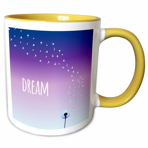 3drose, Dream - Flying Dandelion Seeds from Flower - Make a Wish - Dreaming - Purple Motivational Word Text, 15oz Two-tone Yellow Mug