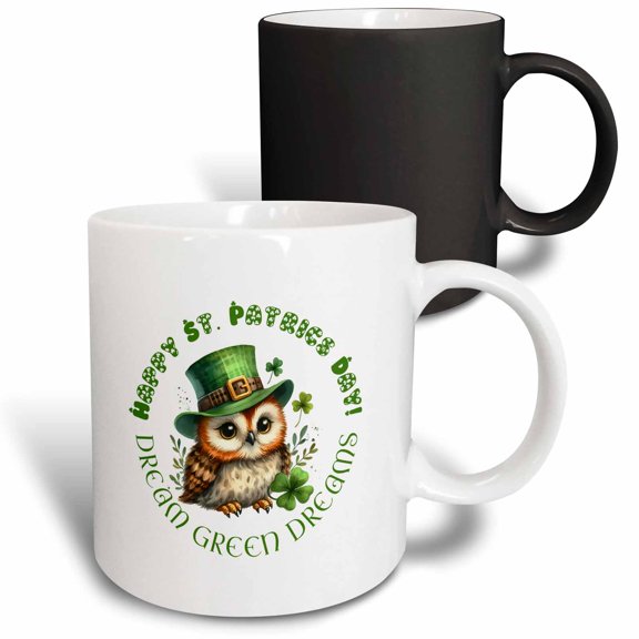 3drose, Dream Green Dreams. a Cute Owl in a Hat, Shamrock. Good Luck Gift, 11oz Magic Transforming Mug