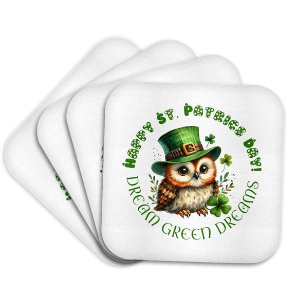 3drose, Dream Green Dreams. a Cute Owl in a Hat, Shamrock. Good Luck Gift, Set of 4 Coasters - Soft