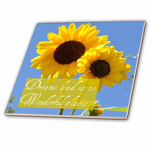 3dRose, Dreams Lead Us Sunflowers and Sky Inspirational Quotes Flowers, 4 Inch Ceramic Tile