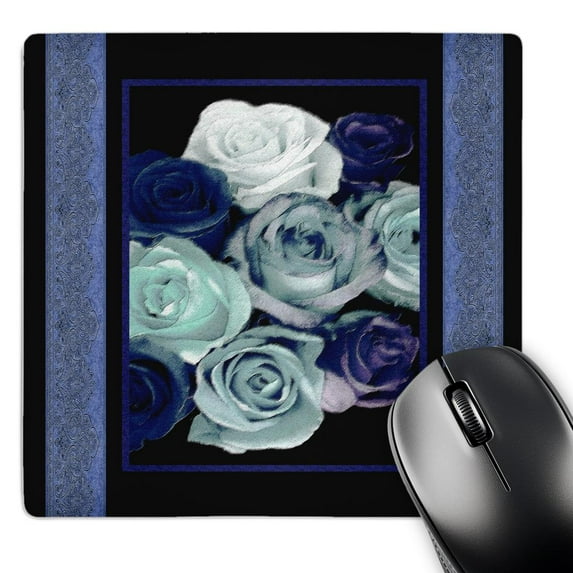 3dRose, Dreamy hues of blue roses with soft blue damask ribbon trim, MousePad