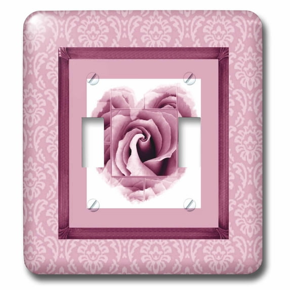 3dRose, Dreamy pink and burgundy heart rose with pink look and damask frame, double toggle switch