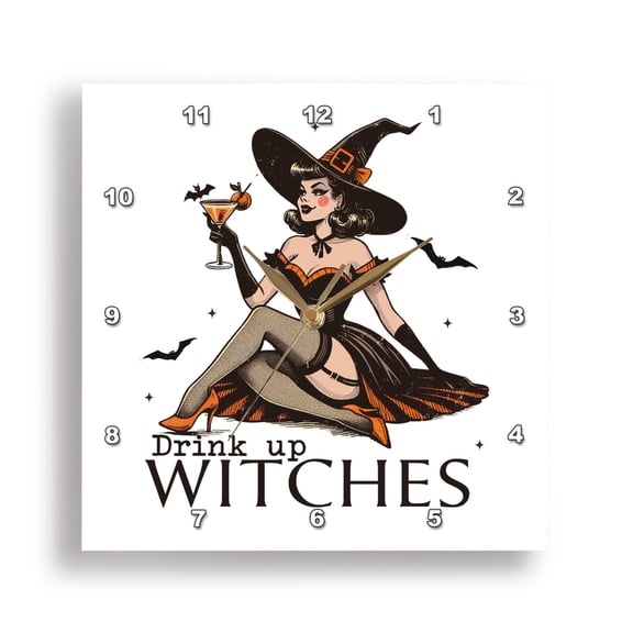 3dRose, Drink Up Witches Vintage Halloween Witch Cocktail Hour, 15x15 Wall Clock