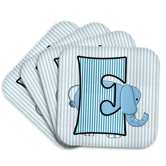 3dRose, E is for Elephant in Blue for Boys Baby and Kids Monogram E in Striped Prints, Set of 4 Coasters - Soft