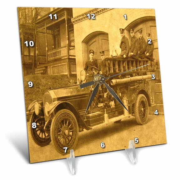 3dRose, Early 1900s Pumper Fire Truck and Firemen, 6x6 Desk Clock