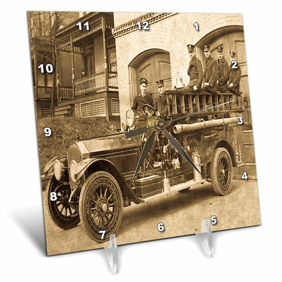 3dRose, Early 1900s Pumper Fire Truck and Firemen Sepia, 6x6 Desk Clock