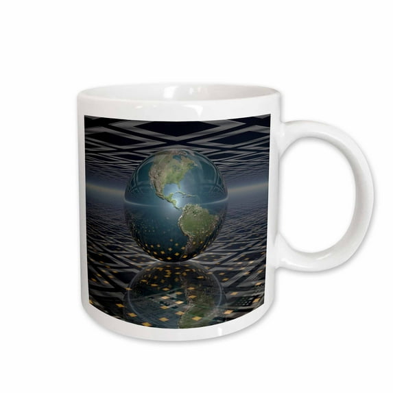 3drose, Earth Horizons Surreal Scene of Reflecting Earth Globe Resting on Computer Board, 15oz Mug