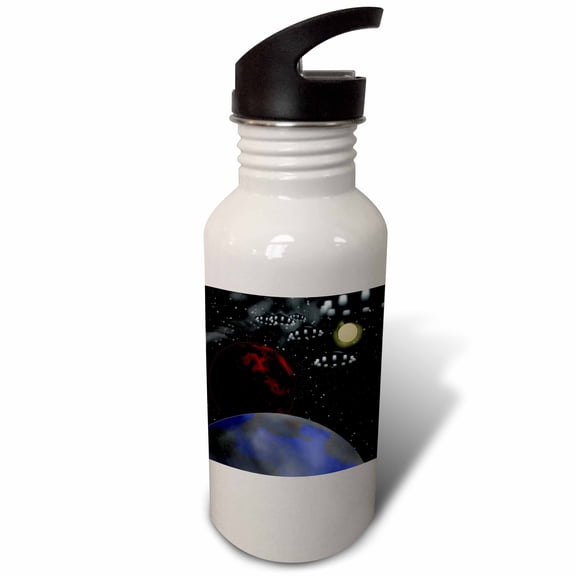 3dRose, Earth and Mars being explored by alien space craft with the sun in the background., 21 oz Sports Water Bottle