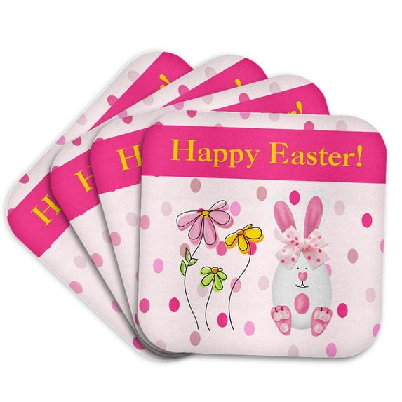 3drose, Easter Egg Bunny Rabbit with Flowers on Dots, Pink, Yellow, and Green, Set of 4 Coasters - Soft