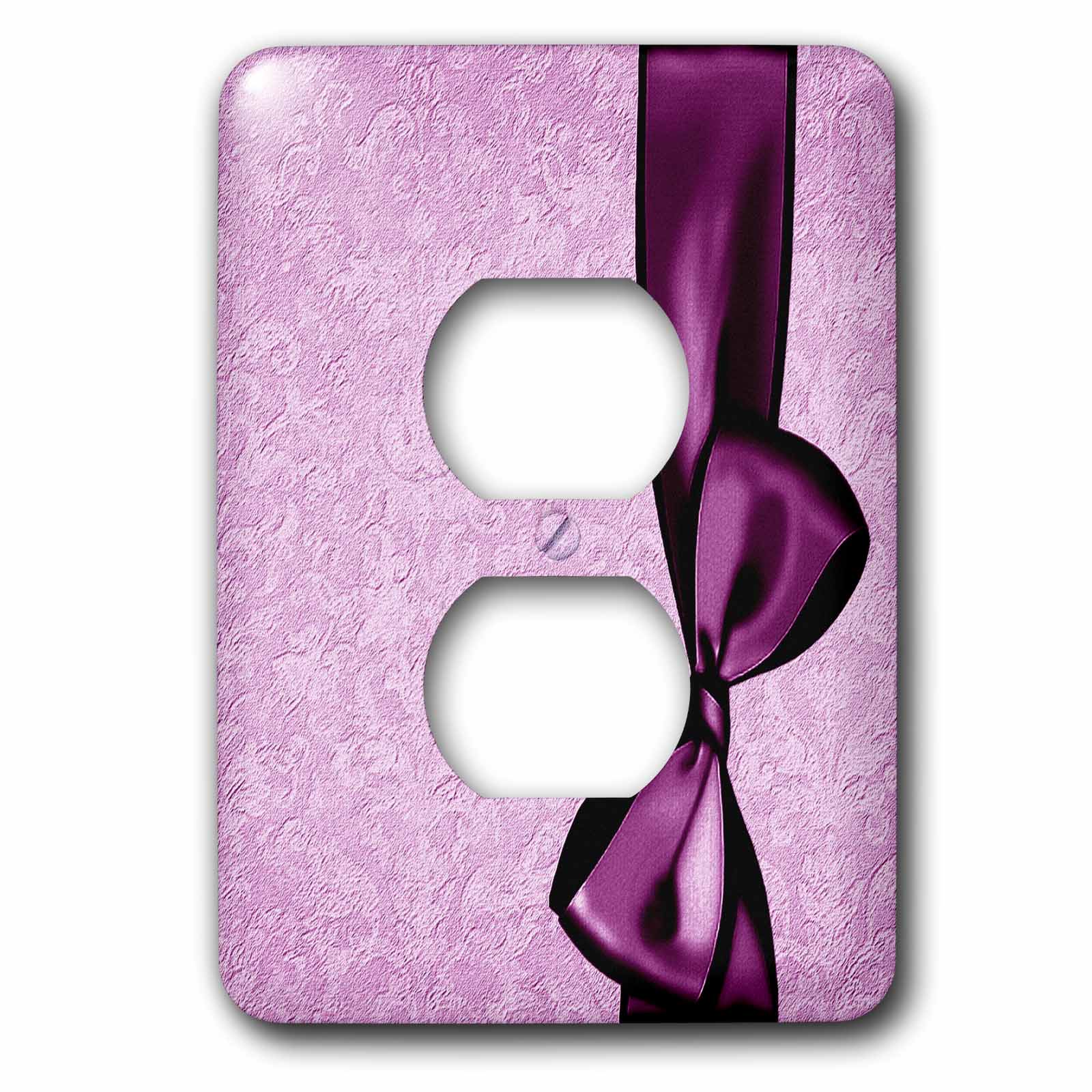 3dRose, Eggplant purple faux satin bow on lilac purple grunge damask background, 2 plug outlet cover