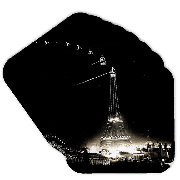3dRose, Eiffel Tower Illuminated Paris Exposition 1900 Black and White, set of 8 Coasters - Soft