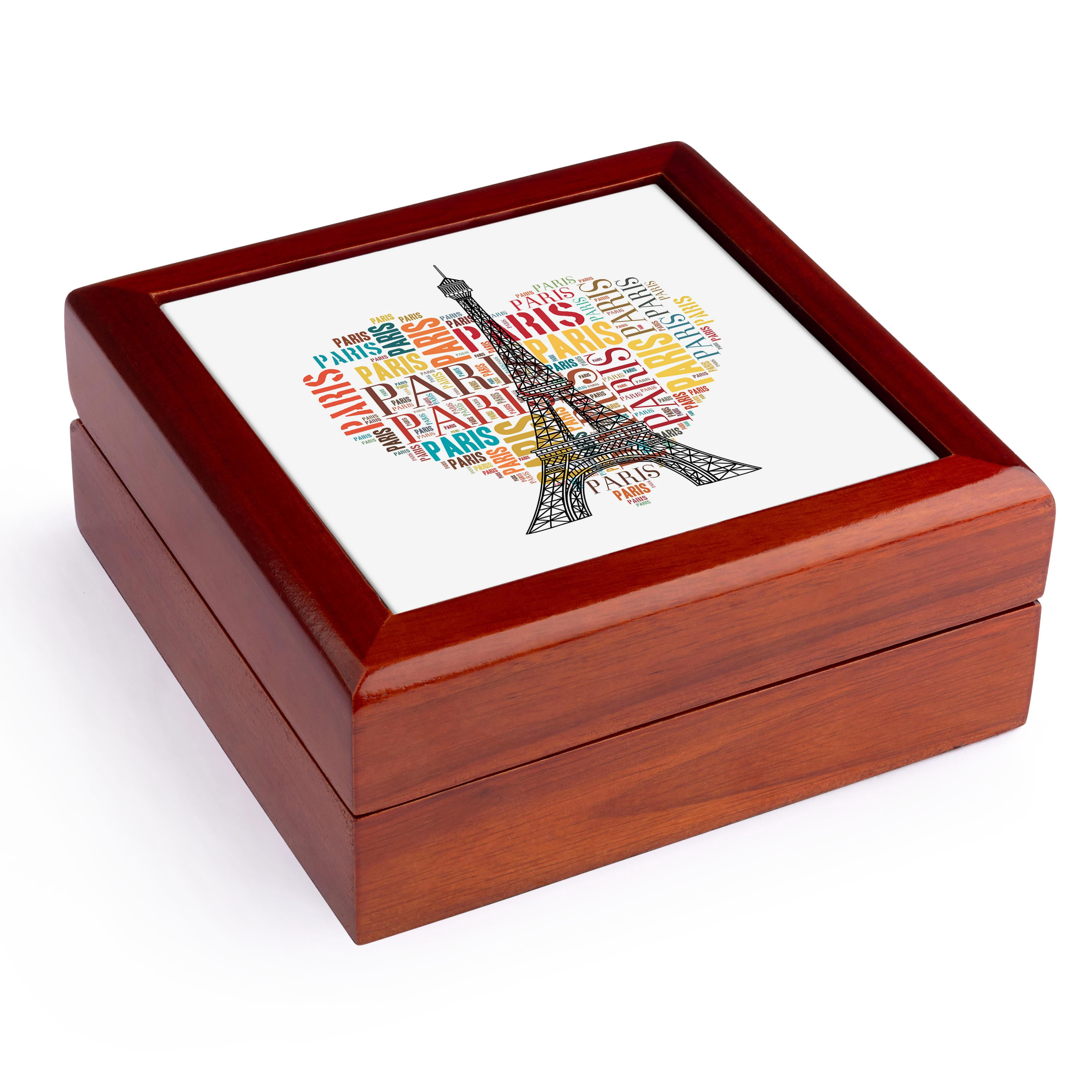 3dRose, Eiffel Tower with colorful heart as word cloud design, Jewelry Box 5.5x5.5 inch with 4 inch tile