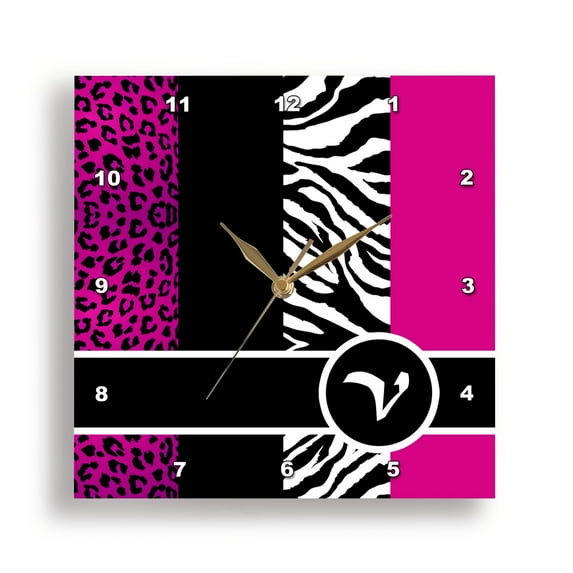 3dRose, Elegant Animal Print Monogram - Hot Pink V, 10x10 Wall Clock ...