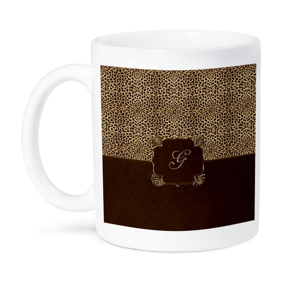 3dRose, Elegant Animal Print in Warm Brown and Gold Monogram Letter G, 11oz Mug