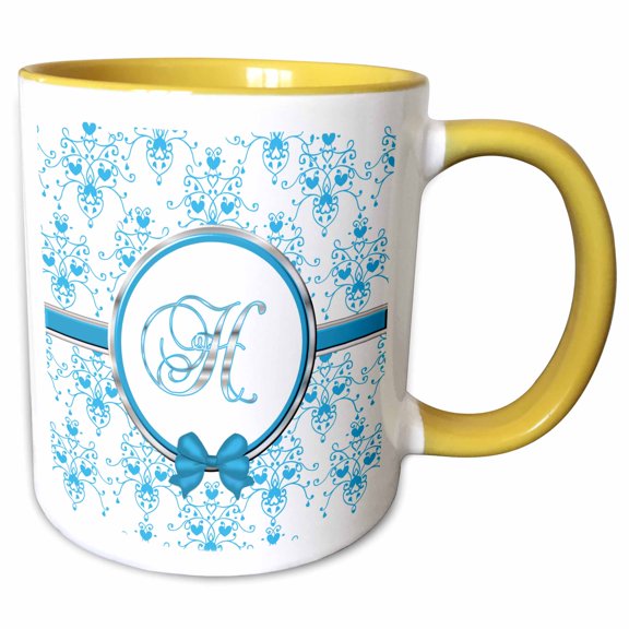 3drose, Elegant Blue and Silver Heart Damask Monogram Letter H, 11oz Two-tone Yellow Mug