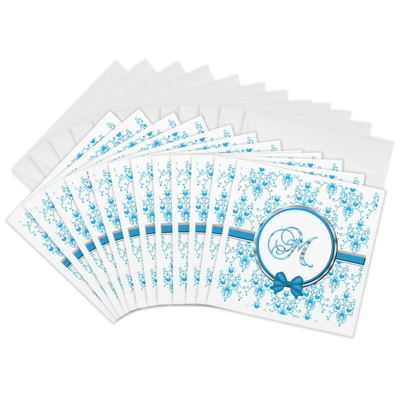 3drose, Elegant Blue and Silver Heart Damask Monogram Letter M, 12 Greeting Cards with Envelopes