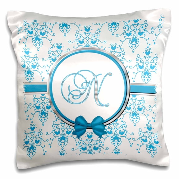 3dRose, Elegant Blue and Silver Heart Damask Monogram Letter N, 16x16 inch Pillow Case