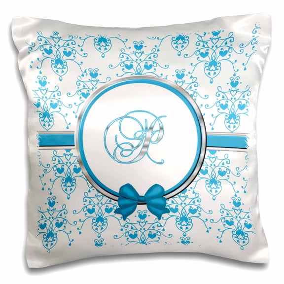 3dRose, Elegant Blue and Silver Heart Damask Monogram Letter P, 16x16 inch Pillow Case