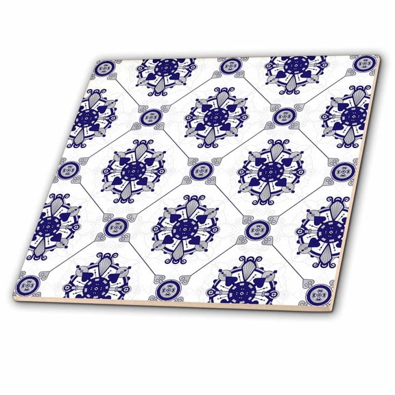 3dRose, Elegant Blue and White Medallion Pattern, 6 Inch Ceramic Tile