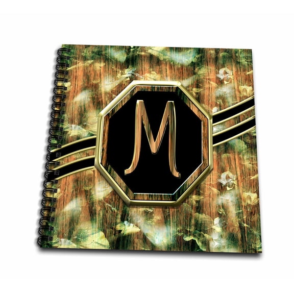3dRose, Elegant Camouflage Monogram Letter M Faux Gold Wood Grain Image, Memory Book 12 x 12 inch