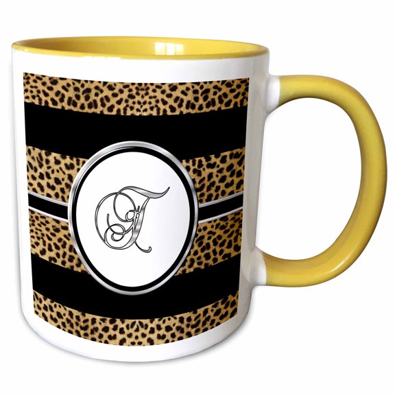 3drose, Elegant Cheetah Animal Print Monogram Letter T, 11oz Two-tone Yellow Mug