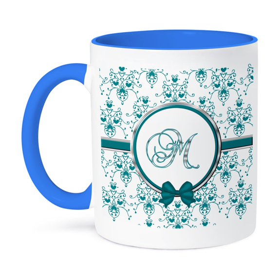 3dRose, Elegant Green and Silver Heart Damask Monogram Letter M, 15oz Two-Tone Blue Mug