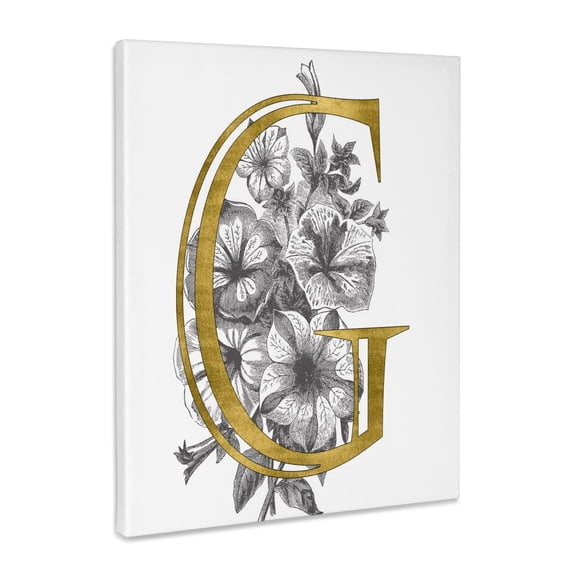 3dRose, Elegant Image Of Gold Monogram Initial G With Black and White Floral, Museum Grade Canvas Wrap 8x10