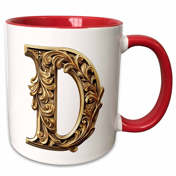 3drose, Elegant Image of Gold Victorian Ornate Monogram Initial D, 11oz Two-tone Red Mug