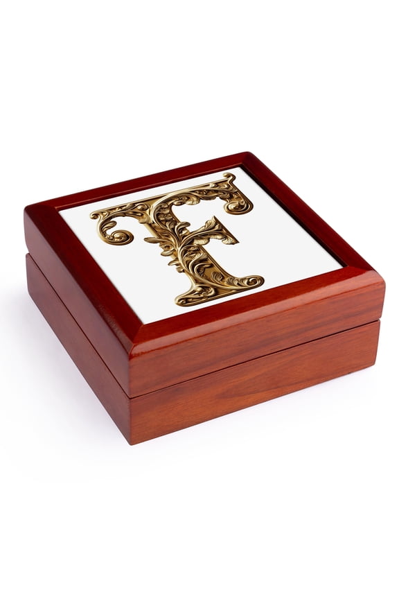 , Elegant Image Of Gold Victorian Ornate Monogram Initial F, Jewelry Box 5.5x5.5 inch with 4 inch tile
