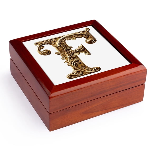 3dRose, Elegant Image Of Gold Victorian Ornate Monogram Initial F, Jewelry Box 5.5x5.5 inch with 4 inch tile