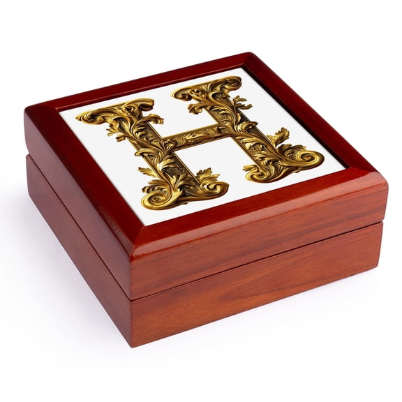 3dRose, Elegant Image Of Gold Victorian Ornate Monogram Initial H, Jewelry Box 5.5x5.5 inch with 4 inch tile