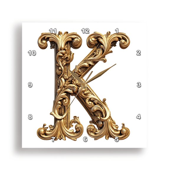 3dRose, Elegant Image Of Gold Victorian Ornate Monogram Initial K, 15x15 Wall Clock