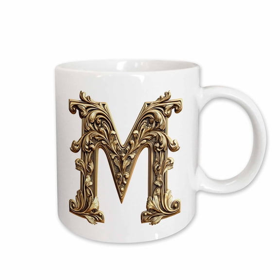 3drose, Elegant Image of Gold Victorian Ornate Monogram Initial M, 15oz Mug