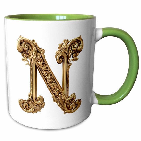 3drose, Elegant Image of Gold Victorian Ornate Monogram Initial N, 11oz Two-tone Green Mug