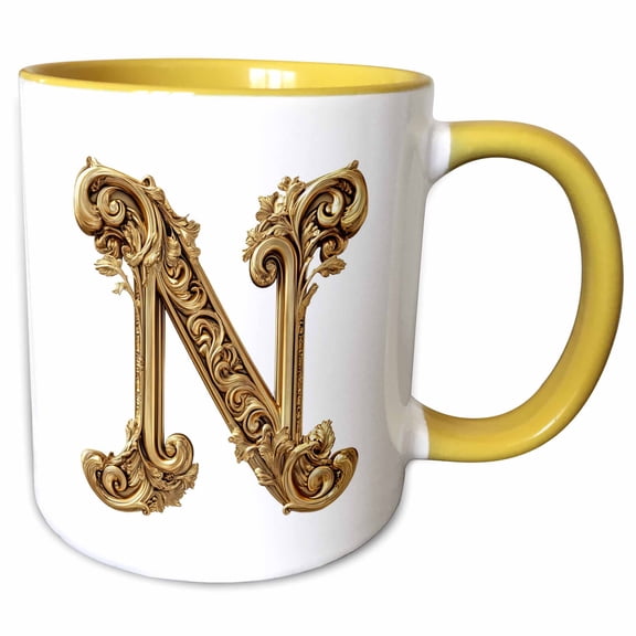 3drose, Elegant Image of Gold Victorian Ornate Monogram Initial N, 15oz Two-tone Yellow Mug