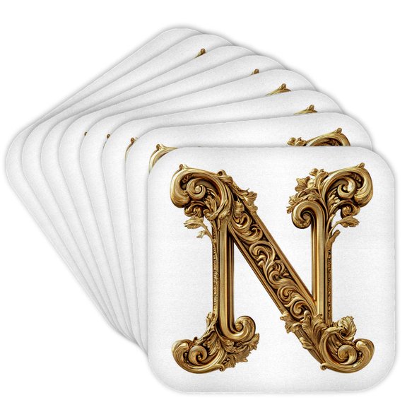 3drose, Elegant Image of Gold Victorian Ornate Monogram Initial N, Set of 8 Coasters - Soft
