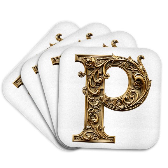 3drose, Elegant Image of Gold Victorian Ornate Monogram Initial P, Set of 4 Coasters - Soft