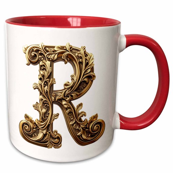3drose, Elegant Image of Gold Victorian Ornate Monogram Initial R, 11oz Two-tone Red Mug