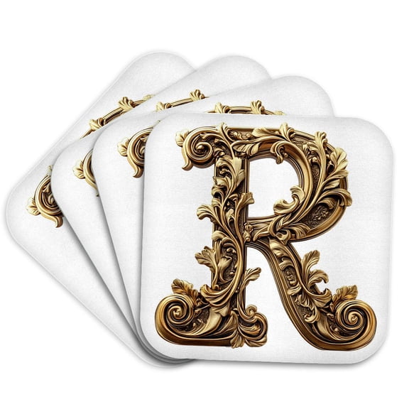 3drose, Elegant Image of Gold Victorian Ornate Monogram Initial R, Set of 4 Coasters - Soft