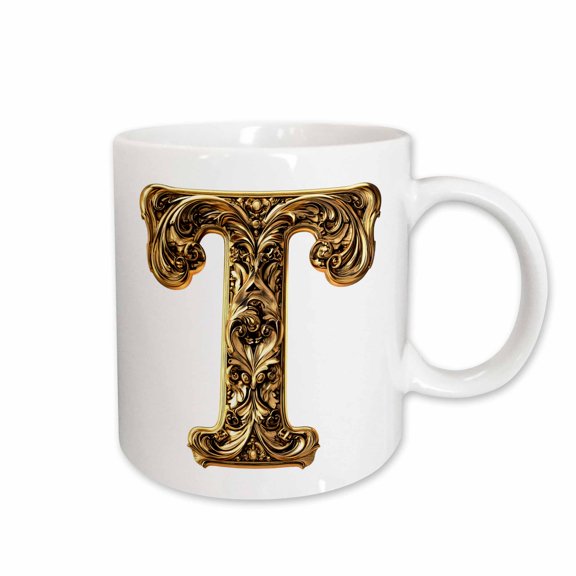 3drose, Elegant Image of Gold Victorian Ornate Monogram Initial T, 15oz Mug