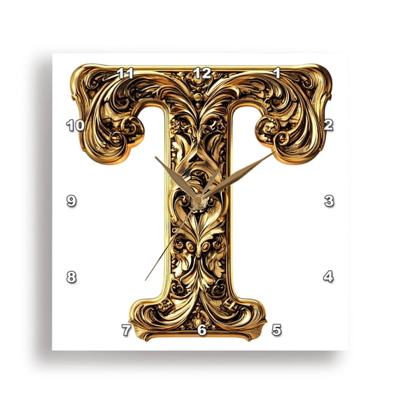 3dRose, Elegant Image Of Gold Victorian Ornate Monogram Initial T, 15x15 Wall Clock