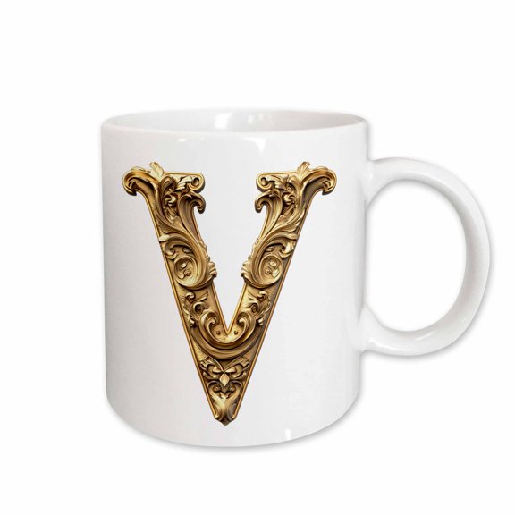 3drose, Elegant Image of Gold Victorian Ornate Monogram Initial V, 11oz Mug