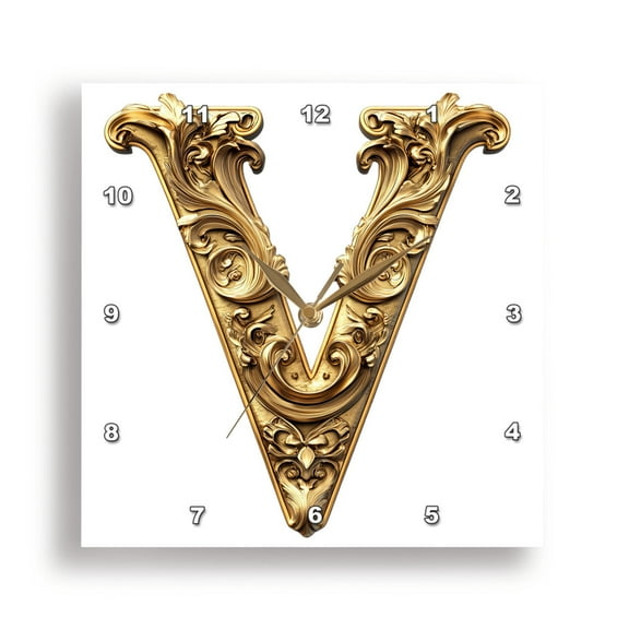 3dRose, Elegant Image Of Gold Victorian Ornate Monogram Initial V, 15x15 Wall Clock