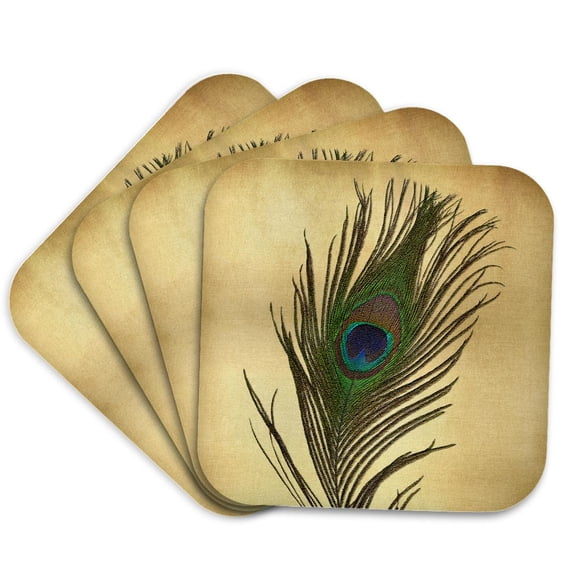 3drose, Elegant Peacock Feather on Gold, Set of 4 Coasters - Soft